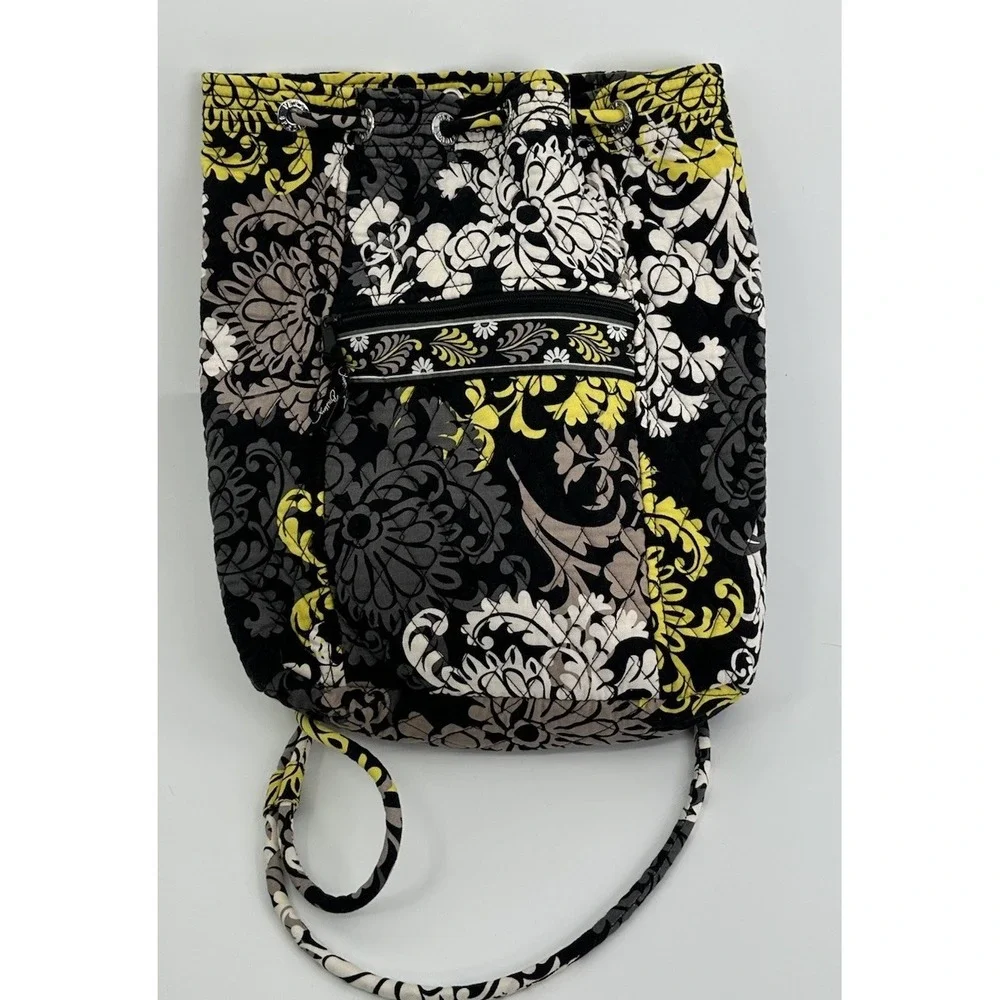 Vera Bradley Baroque‎ Backsack Drawstring Backpack Black Yellow Retired Pockets